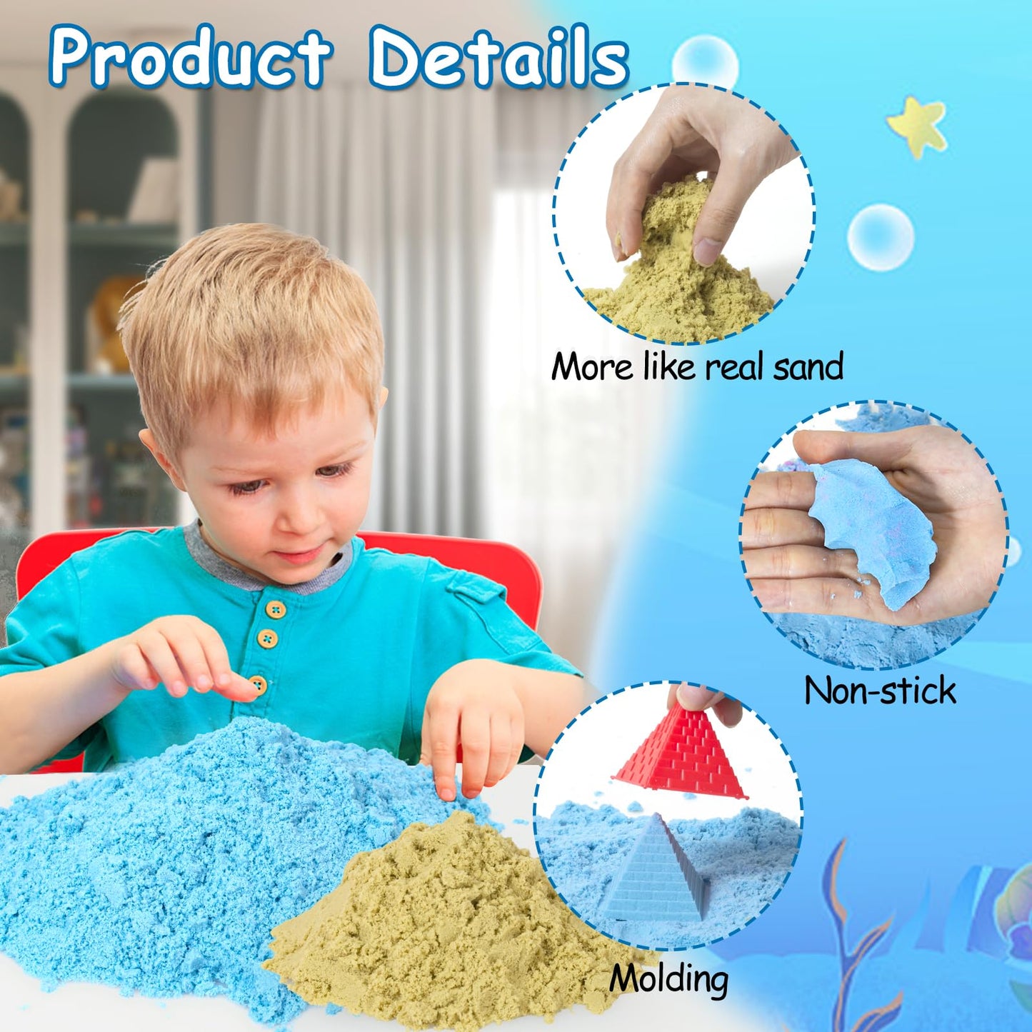 Tcvents Sensory Bins, Ocean Mermaid Sensory Bin Toys Sand Box for Kids Ages 3 4 5 6 7 8 9 Include 2.64lbs Magic Sand, 6 Castle M