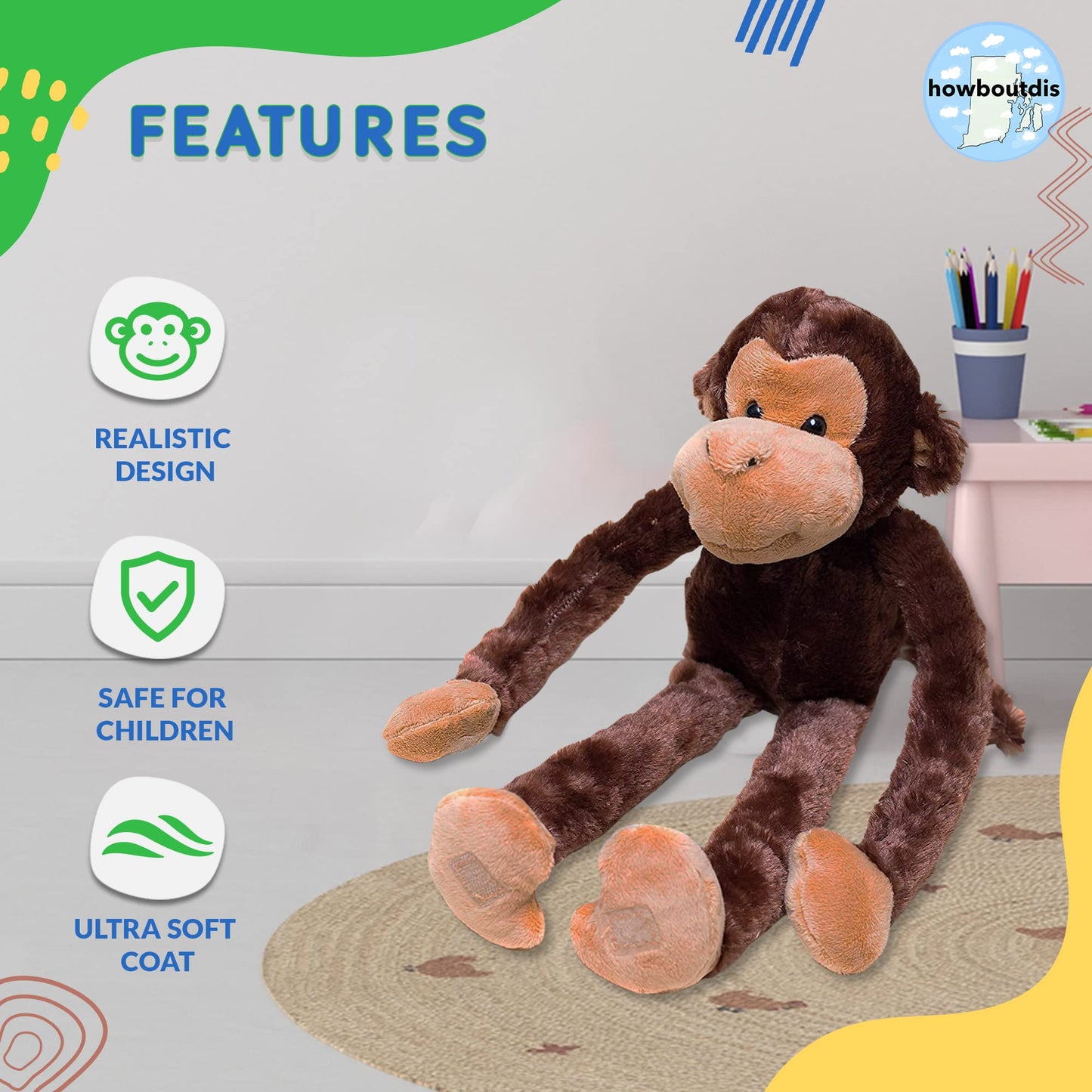 Howboutdis 24-Inch Hanging Monkey Stuffed Animal – Hands Connect To Feet - Monkey Toy With Specially Designed Ultra Soft Plush Feel - Great Gift For Kids Ages 3+