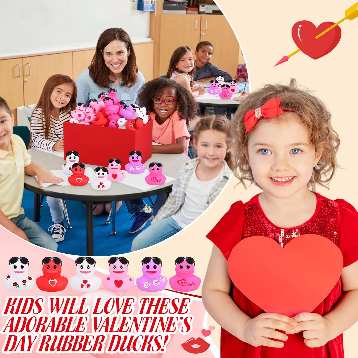 Shappy 100 Pcs Valentine'S Day Rubber Ducks 2.17 '' Valentine'S Day Ducks With Sunglasses Bath Pool Toys Party Favors Decoration