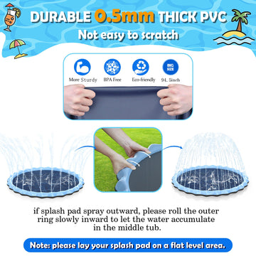 Splash Pad, Hyperzoo 95'' Extra Large Sprinkler Splash Pad For Kids And Dogs, Non-Slip Thickened Sprinkler Pad Pool Summer Outdo