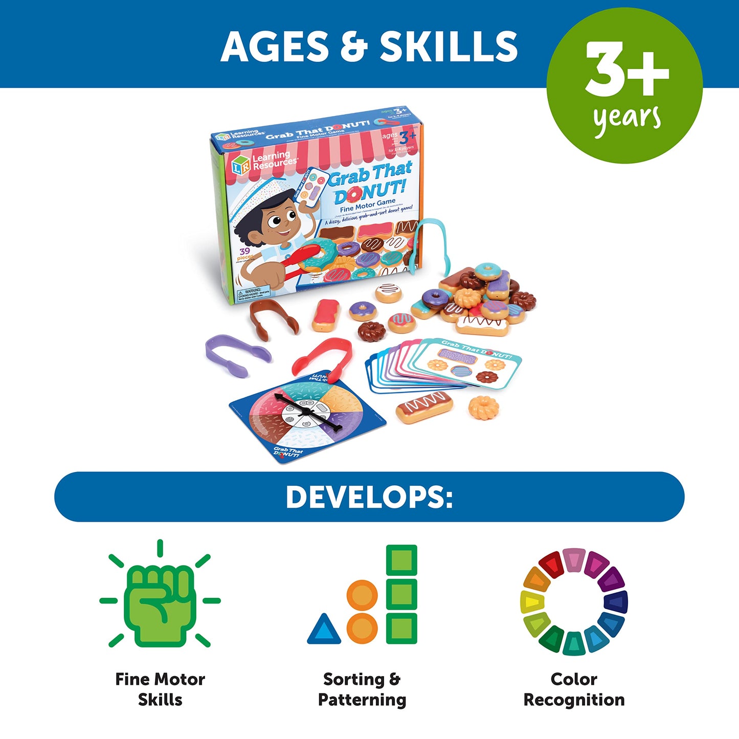 Learning Resources Grab That Donut!, 39 Pieces, Ages 3+,Fine Motor Game, Toddler Learning Toys,Toddler Toys, Educational Games For Kids, Preschool Games,Donut Toys
