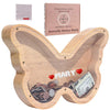 Jimzie Personalized Wooden Butterfly Piggy Bank - Clear Acrylic Butterfly Bank - Includes Letter Stickers - Large Money Bank For