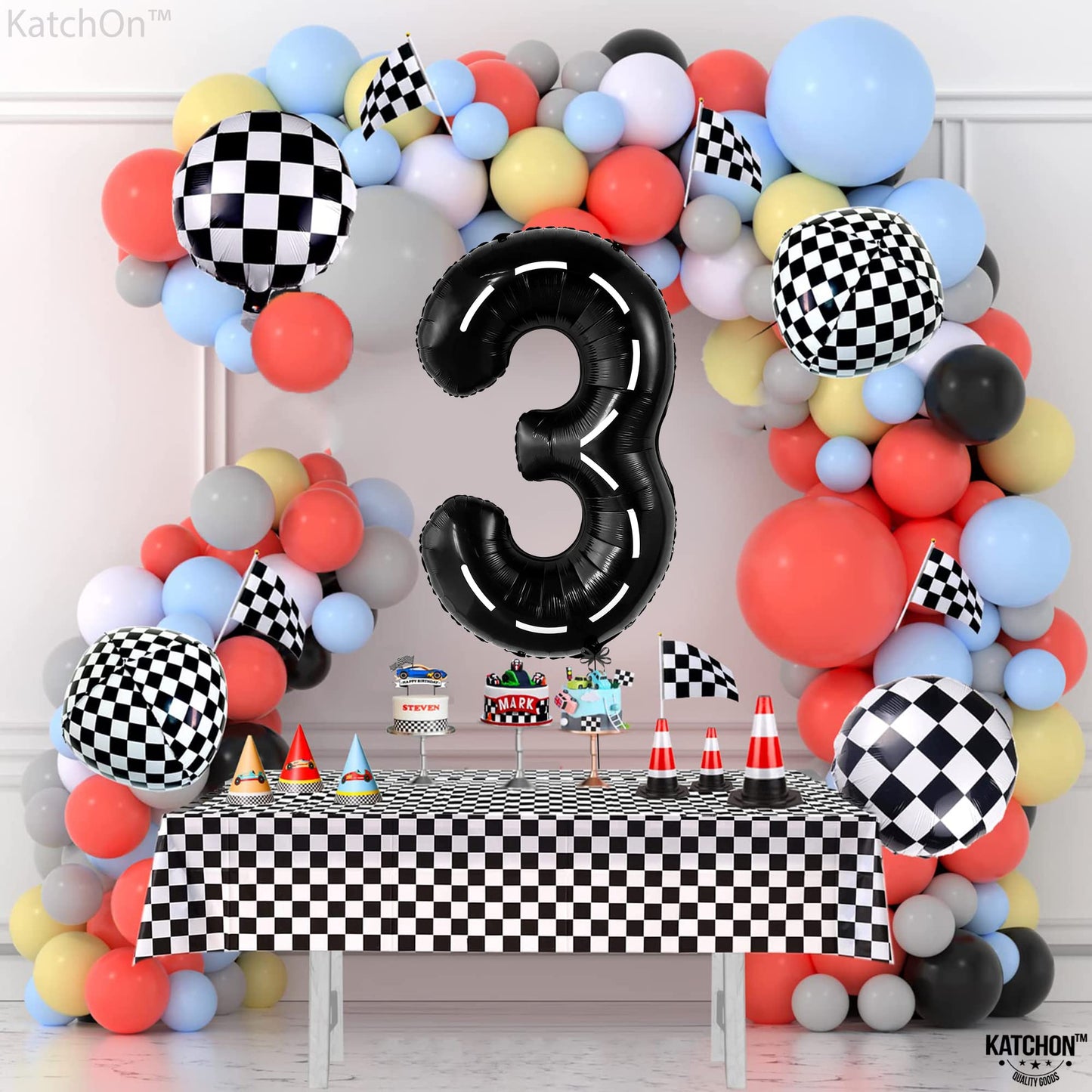 Katchon, Giant Race Car Number 3 Balloon - 40 Inch | Number 3 Race Car Balloon For Construction Birthday Party Supplies 3 Year Old | 3 Balloon Number For Race Car Birthday Party Supplies 3 Year Old