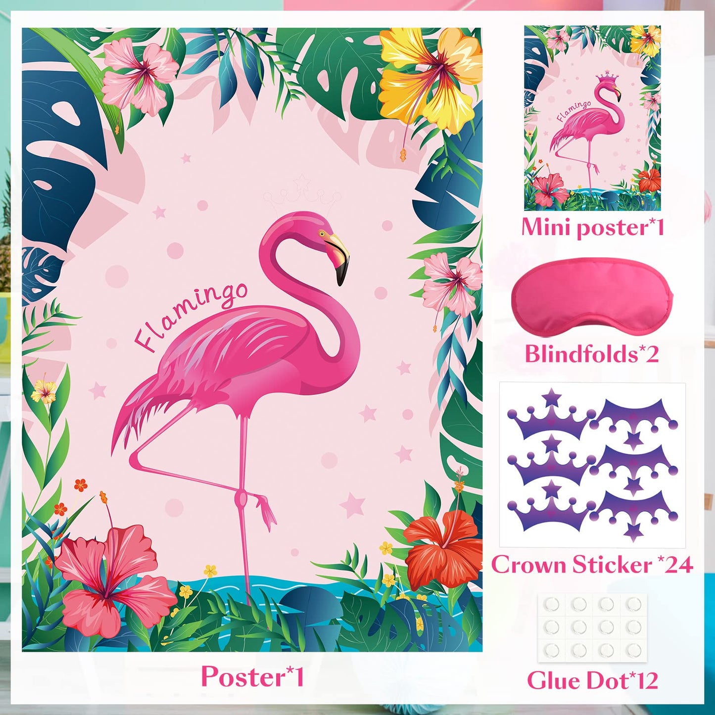 Astaron Pin The Crown On The Flamingo, Flamingo Theme Party Game With 24 Crowns For Kids Birthday And Hawaiian Luau Tiki Party Supplies