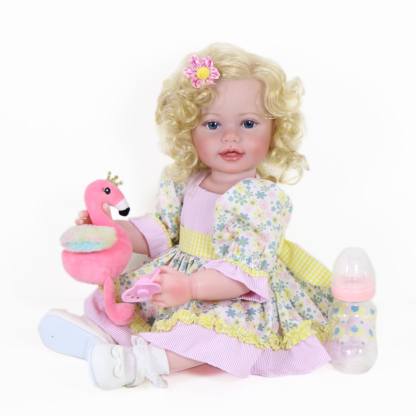 WAWA-HAOKEAI Toddler Girl -22 inch with Flamingo Plush and 3D Painted Skin Visible Veins and Soft Full Vinyl with Rooted Hair (Y