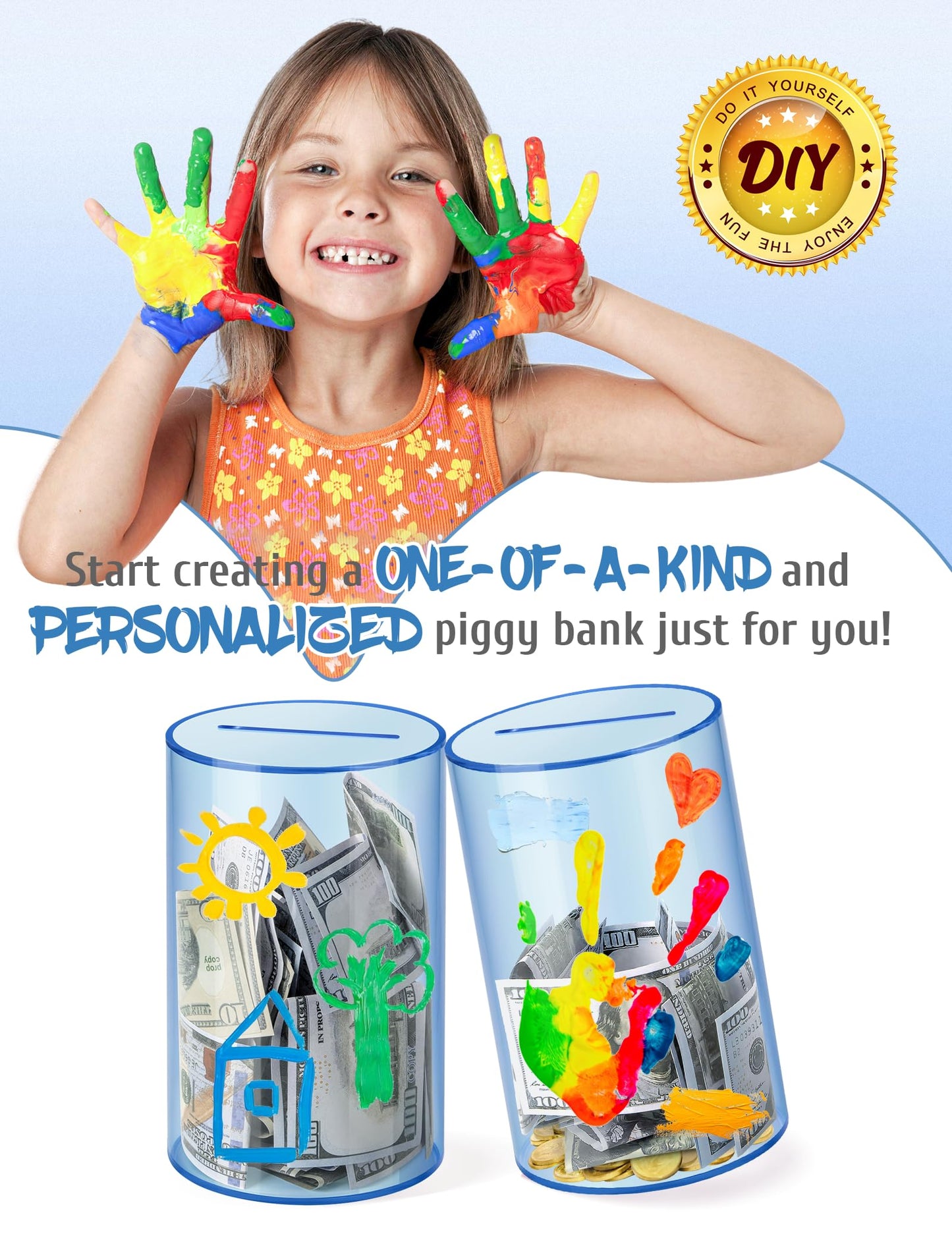 Clear Acrylic Piggy Bank For Adults Kids, Clear Money Saving Jar Must Break To Open, Unopenable Piggy Bank For Cash Coins (Blue,