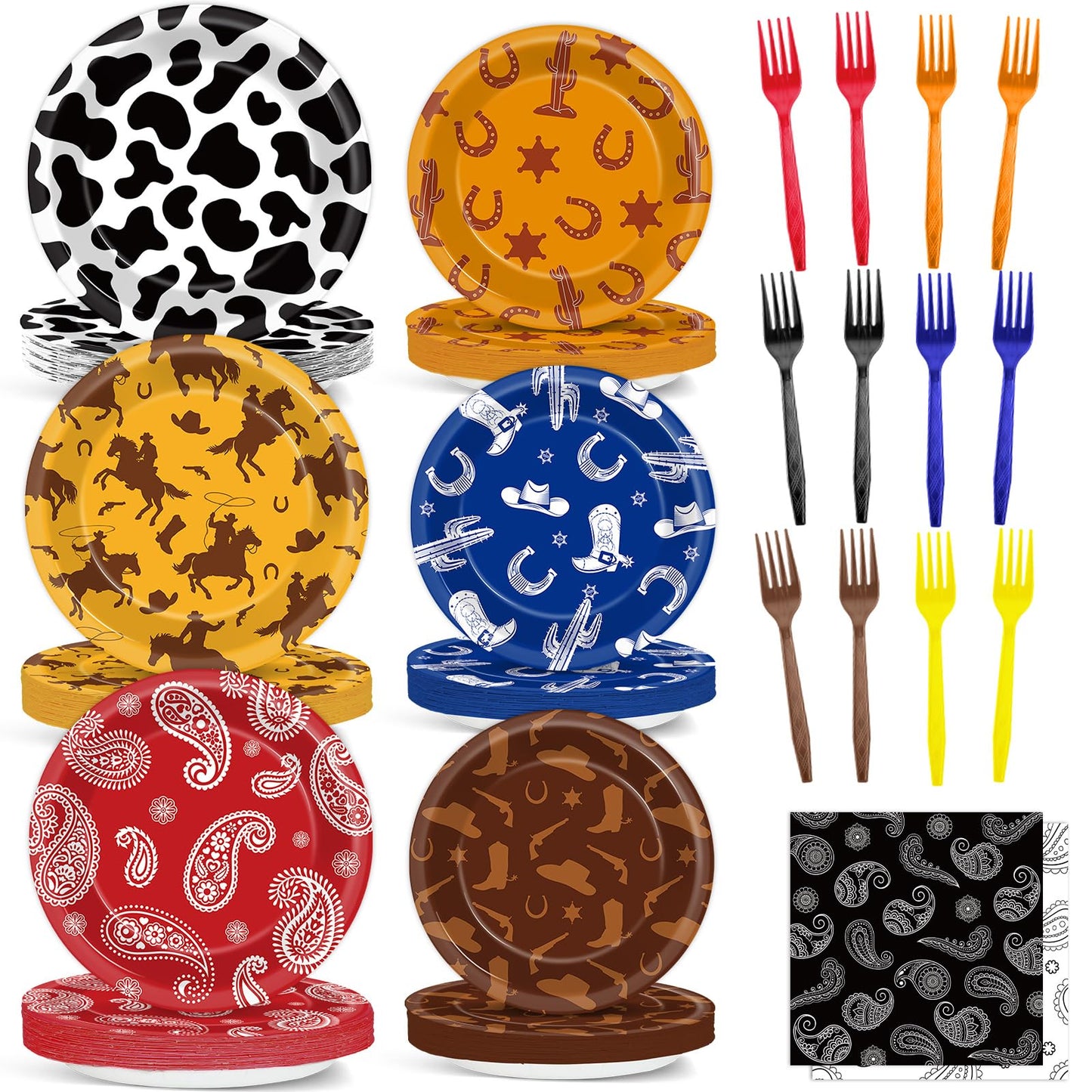 96Pcs Western Paper Plates and Napkins Forks for Western Cowboy Birthday Party Decorations Wild West Paper Plates Tableware for