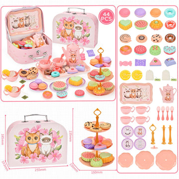 Lajeje Toddler Toys Tea Party Set for Little Girls - 44 pcs Pretend Plastic Teapot Set, Princess Tea Time Play Kitchen Toy with