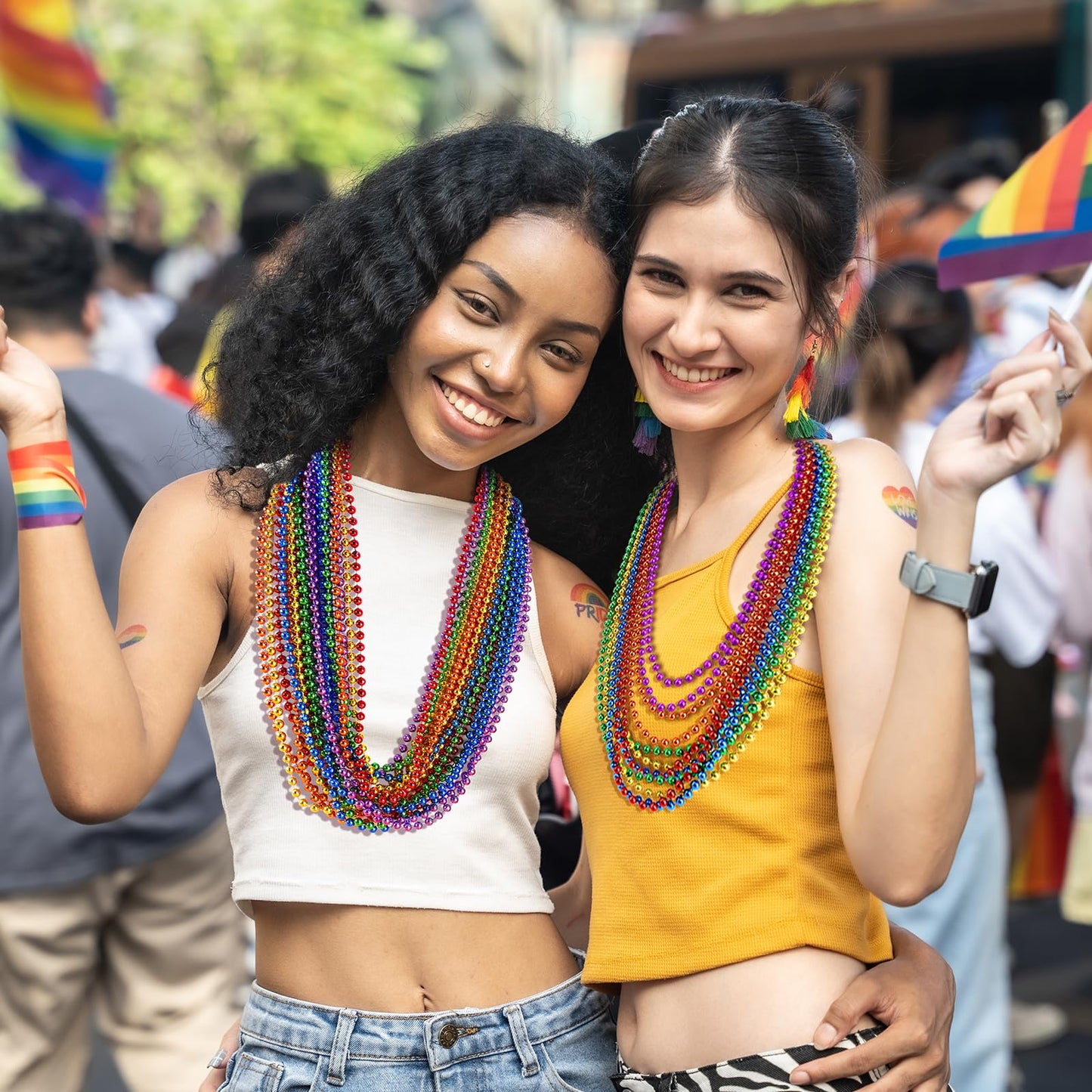 Shaoqinlin 102 Pcs Pride Beads Necklaces, Pride Accessories, Rainbow Beads Necklaces Bulk, Gay Lesbian Pride Month Parade Throws