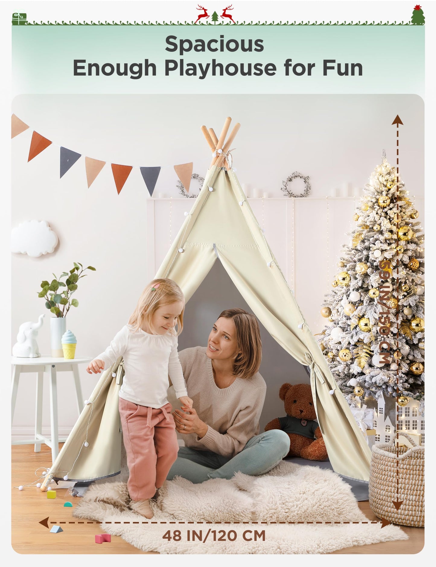 Besrey 2 In 1 Teepee Tent For Kids With Mat, Kids Tents Indoor With Light, Large Kids Tipi Tent With 2 Sided Design, Christmas Tent For Kids, Kids Teepee Tent For Boys Girls, Toddler Reading Tent