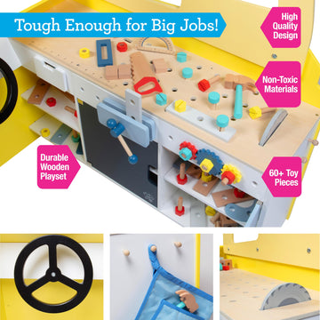 Construction Truck Wooden Playset w 60+ Toy Pieces- Pretend Hammer Saw Bolts & Screws- Spinning Turn Saw, Steering Wheel, Wood t