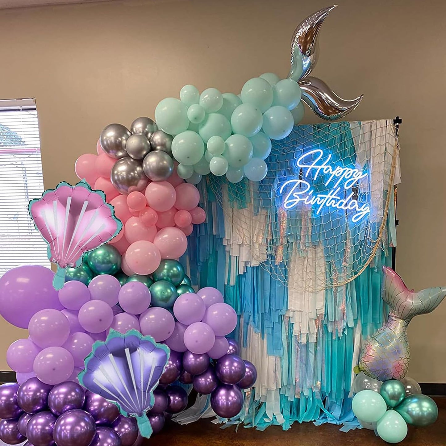 Mermaid Balloon Garland Arch Kit, 106 Packs Metallic Purple Pink Green Blue Latex Balloons With Mermaid Tail Seashell Foil Ballo