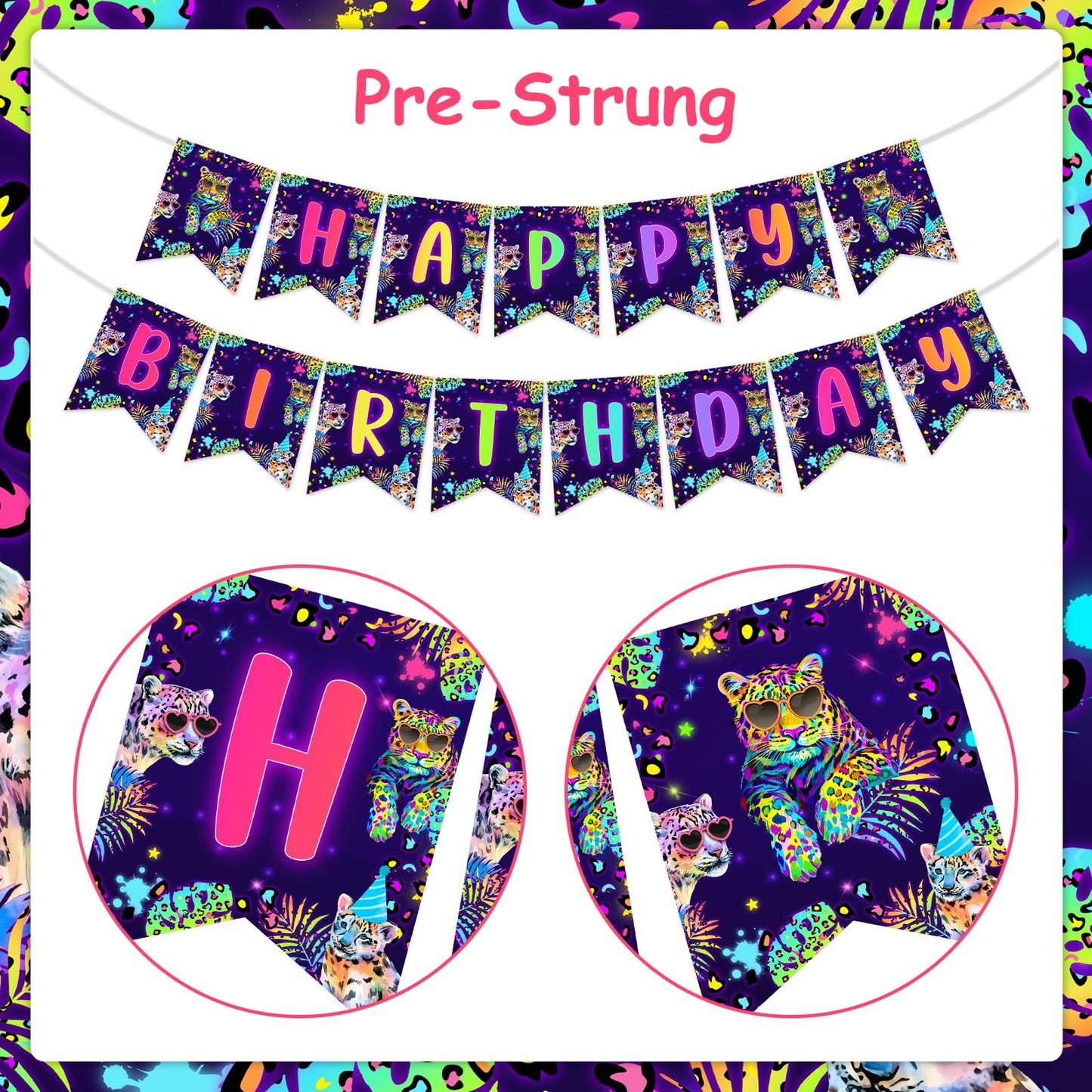 Cheereveal Rainbow Cheetah Happy Birthday Banner - Leopard Print Birthday Bunting Garland Decorations for Boys Girls, Jungle Saf