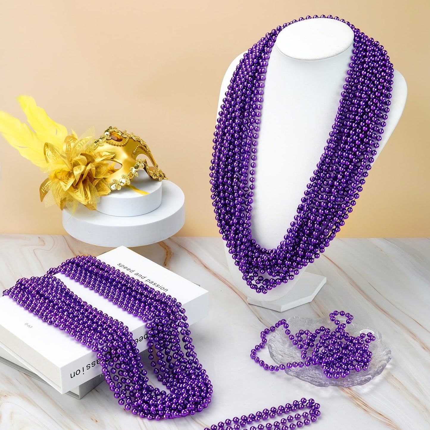 YAXINRUI 144 PCS Purple Bead Necklaces, Purple Mardi Gras Beads, Halloween Beads Necklaces, 33 Inch Round Beaded Necklaces Costu