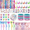 Joyvorite 144 Pcs Butterfly Party Favors Set with Butterfly Straws Keychains Slap Bracelet Tattoo Stickers Wristbands Hair clips