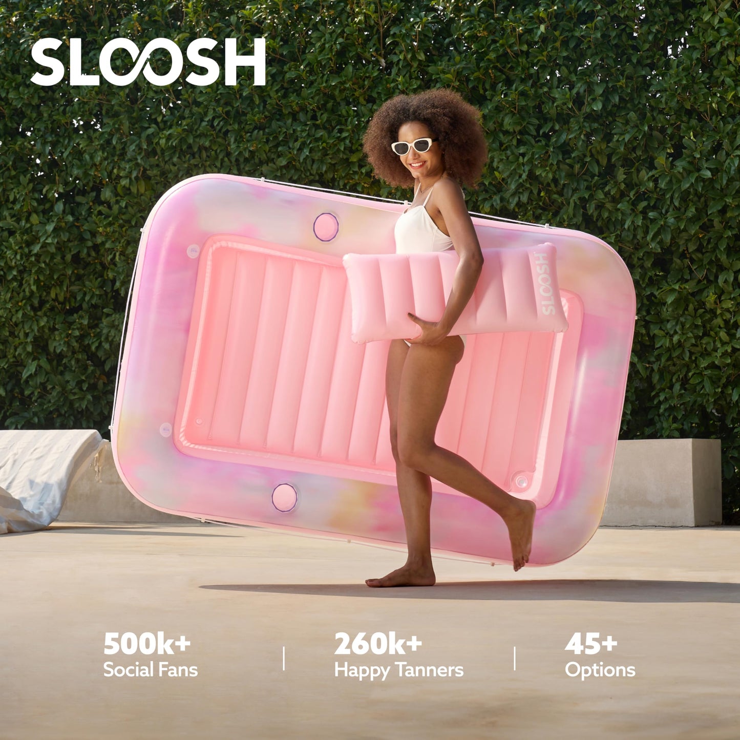 SLOOSH Inflatable Tanning Pool Lounger Float 70 x 46 Pool Floats mature-themed with Pillow 4 in 1 Suntan Tub Raft Floatie Sunbathing Bed Lounge for Water Blow Up Ball Pit Party Gifts Pink Tie-dye