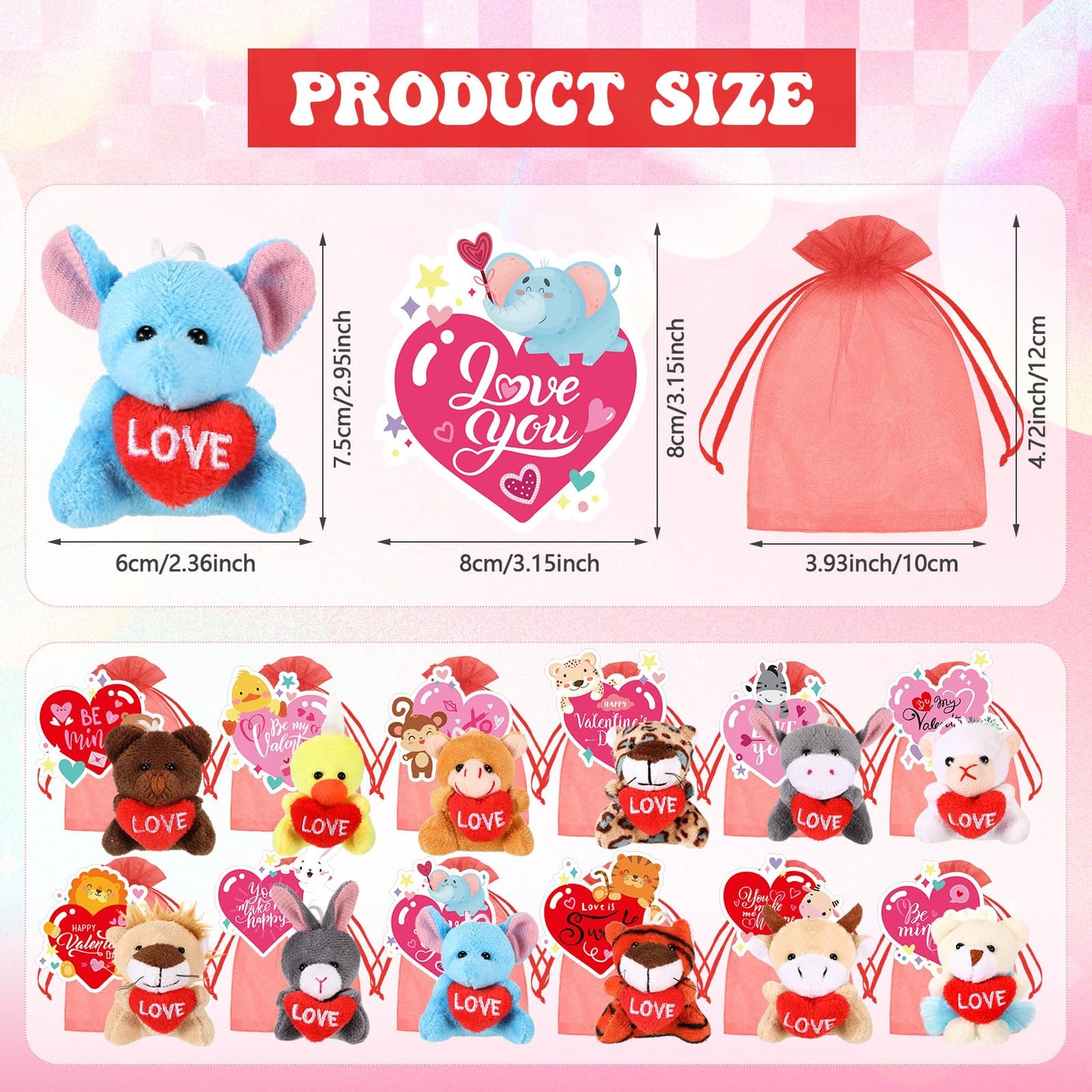 Blueweenly 36 Pcs Valentine'S Day Classroom Gifts For Kids, Valentine Mini Stuffed Animals Plush Toy With Heart Cards And Bags F