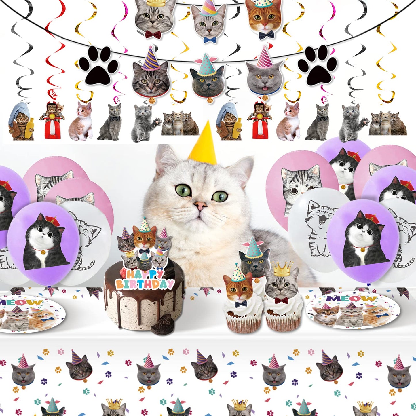 Juhap 96Pcs Cat Birthday Party Supplies, Kitten Birthday Decorations Includes Plates, Napkins, Table Covers, Cake Toppers, Ballo
