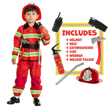 Spooktacular Creations 8Pcs Firefighter Costume For Kids, Fireman Costume For Boys, Fire Fighter Costume For Boys Halloween Dress-Up Parties, Fireman Role Play (Medium (8-10Yr))