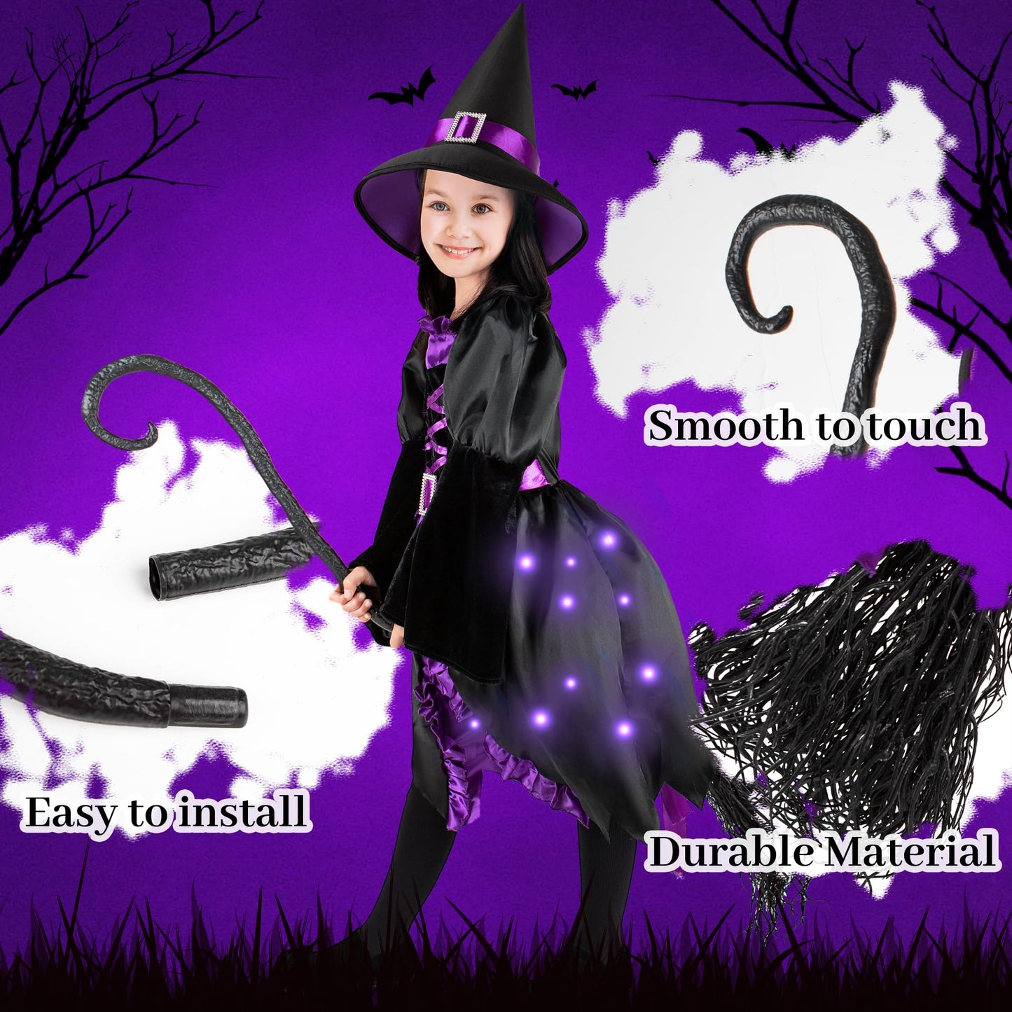 Kiddokids Witch Costume Set With Wand And Hat For Girls, Led Light Up Halloween Dress Up For 3-12 Year Olds, Parties And Role Pl