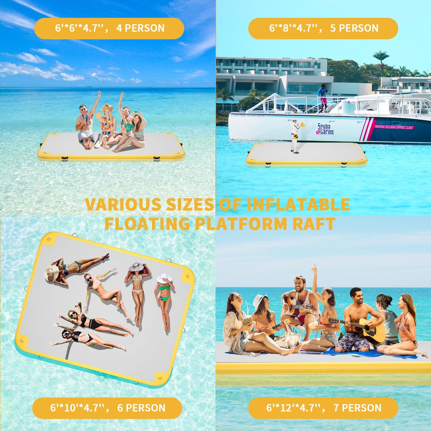 GONFLABLE Inflatable Floating Dock for mature-themed 6x6ft Inflatable Water Platform Raft with Air Pump& Storage Bag Floating Island Mat for Pool Lake Beach Ocean (Yellow 6 x 6ft)