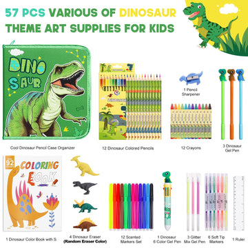 Fruit Scented Markers Set 57Pcs With Glitter Dinosaur Pencil Case & Stationery, Art Supplies For Kids Ages 4-6-8, Art Coloring K