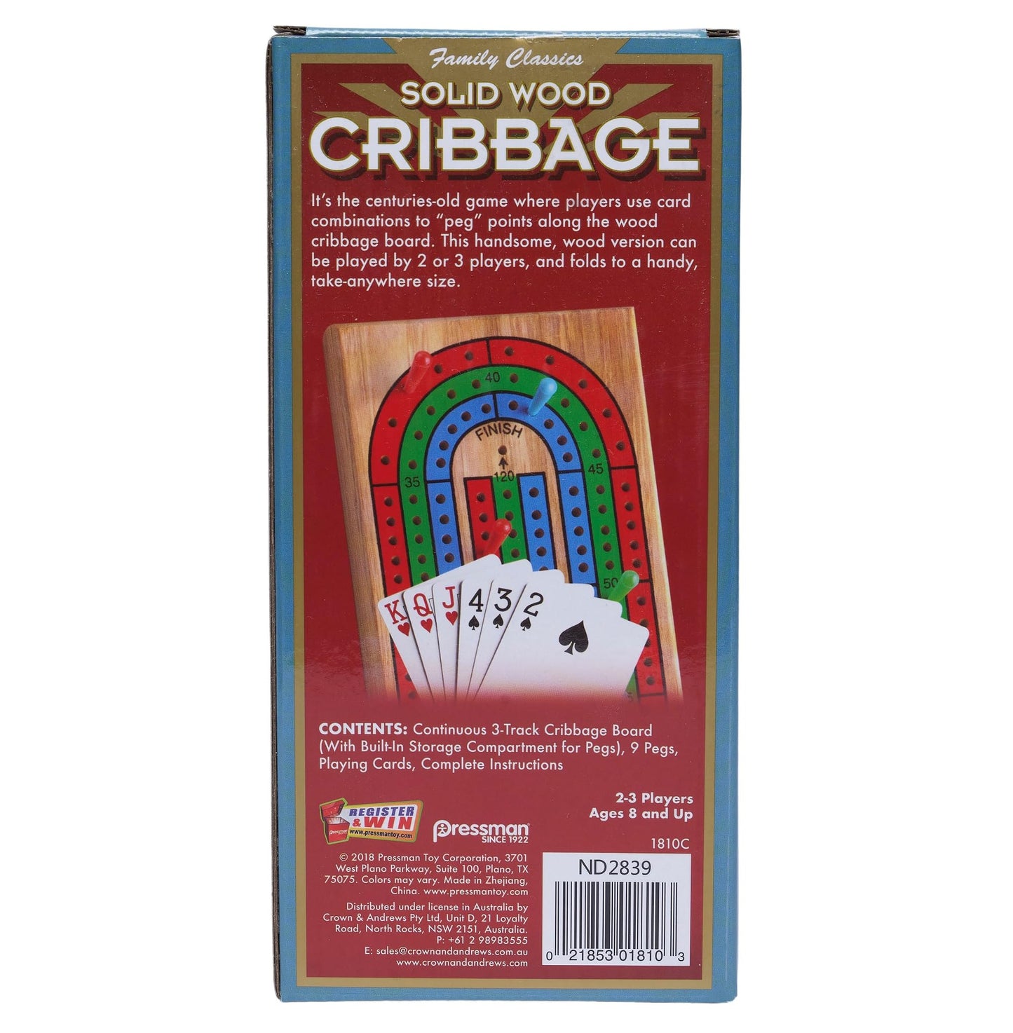 Family Classics Cribbage - Solid Wood Continuous 3 Track Board With Built-In Storage Compartment For Pegs