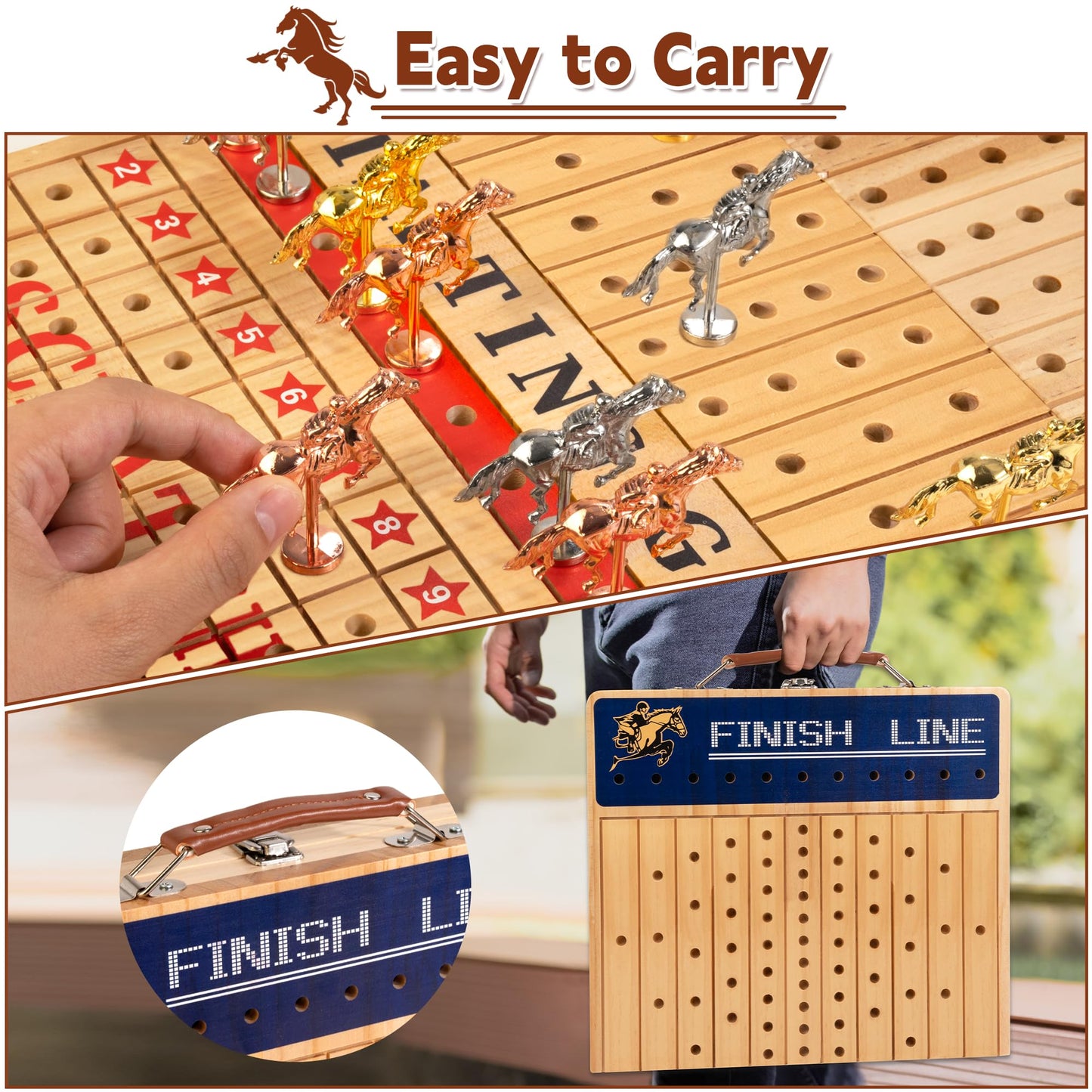 Bravmate Large 21 Inches Horse Race Board Game, Solid Wood Foldable Horse Racing Game With 11 Luxury Metal Horses, 2 Wooden Dice