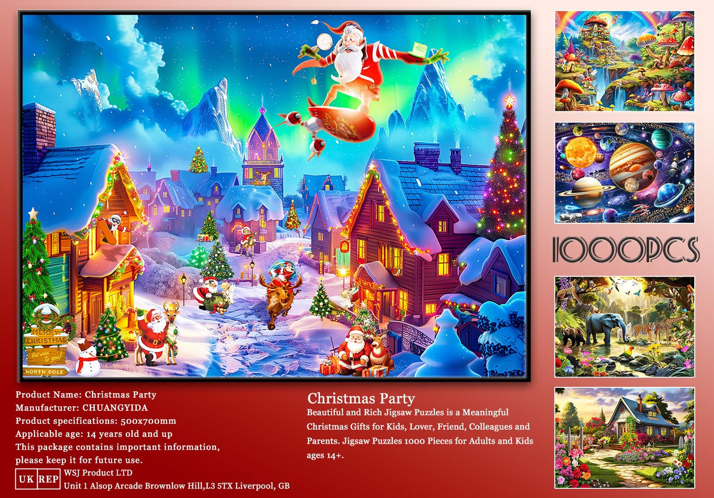Huadada Christmas Puzzles 1000 Pieces For Adults - Aurora Christmas Eve- Jigsaw Puzzles For Adults And Kids 1000 Piece Holiday Jigsaw Puzzle Small Town Christmas