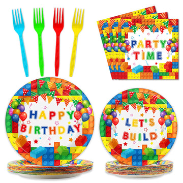 Gisgfim 96 Pcs Building Block Birthday Party Supplies Paper Plates Napkins Colorful Blocks Party Birthday Decorations Favors For