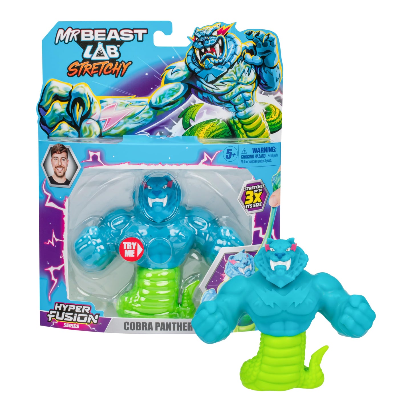 Mrbeast Lab - Hyper Fusion Stretchy Hero, Cobra Panther, 5 Inch (12.7Cm) Goo Filled Standing Figure, Stretches Up To 3 Times His