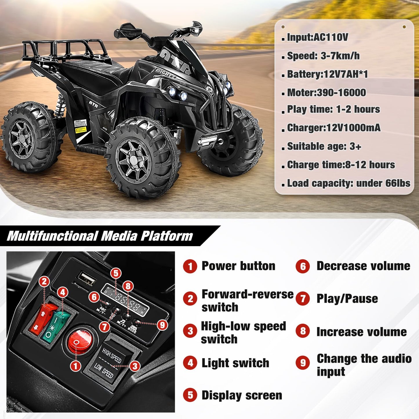 Soar Four Wheeler For Kids - Electirc Toddler 4 Wheeler For Kids 3-6, Ride On Atv 12V Battery Powered, Kids Quad With Led Lights, Music, High Low Speed, Usb/Tf, Treaded Tires, Black