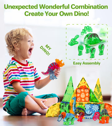 Asago Magnetic Tiles Dinosaurs Magnet Building Blocks Toys For Kids Ages 3-5 4-8 8-12 Creative Animals Educational Stack Tile Construction For Boys Girls Toddlers 5-7 Year Old To Stem Learning