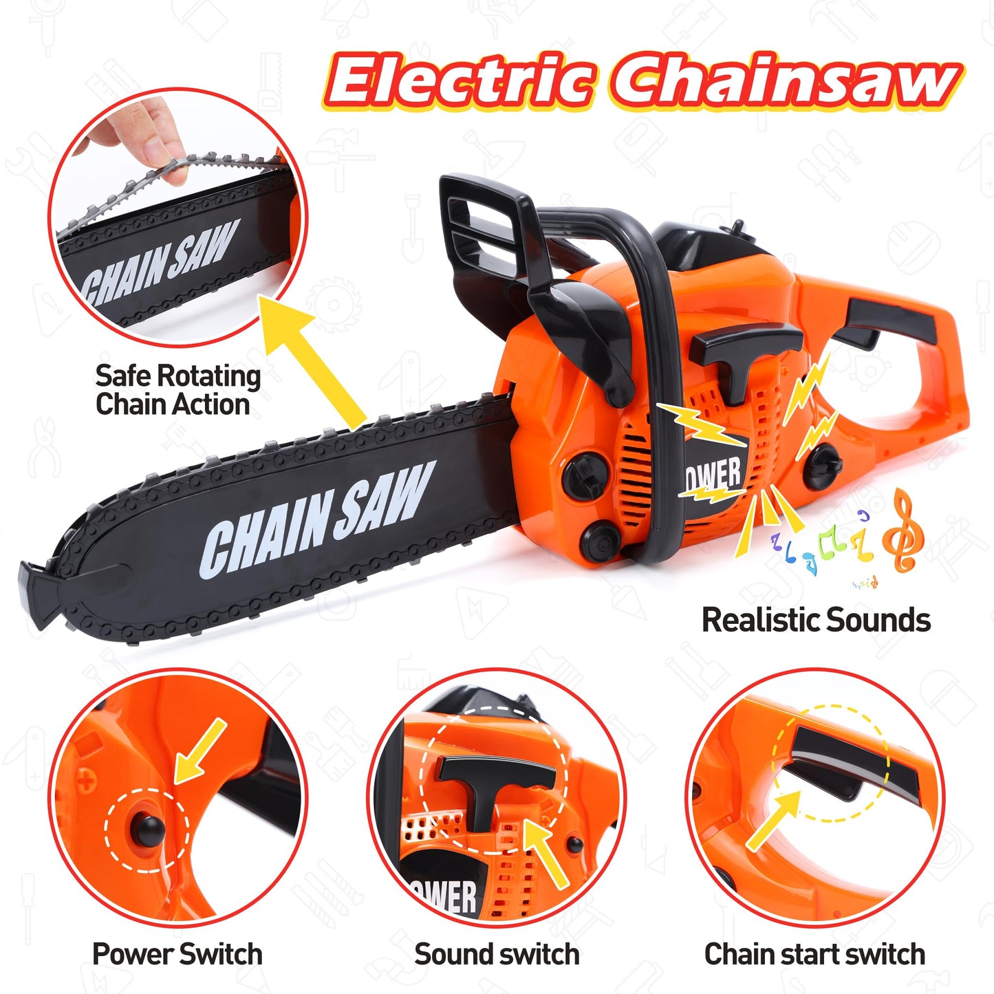 Skirtoy Toy Chainsaw for Kids, Family Day Games Pretend Play Series Kids Tool Set, Outdoor Electronic Chainsaw Toy Tool Set, STE