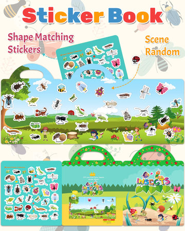 Benresive Reusable Sticker Book for Toddlers, Waterproof PVC, Multicolored, Insect Theme, Ages 1-4, Ideal for Travel and Crafts
