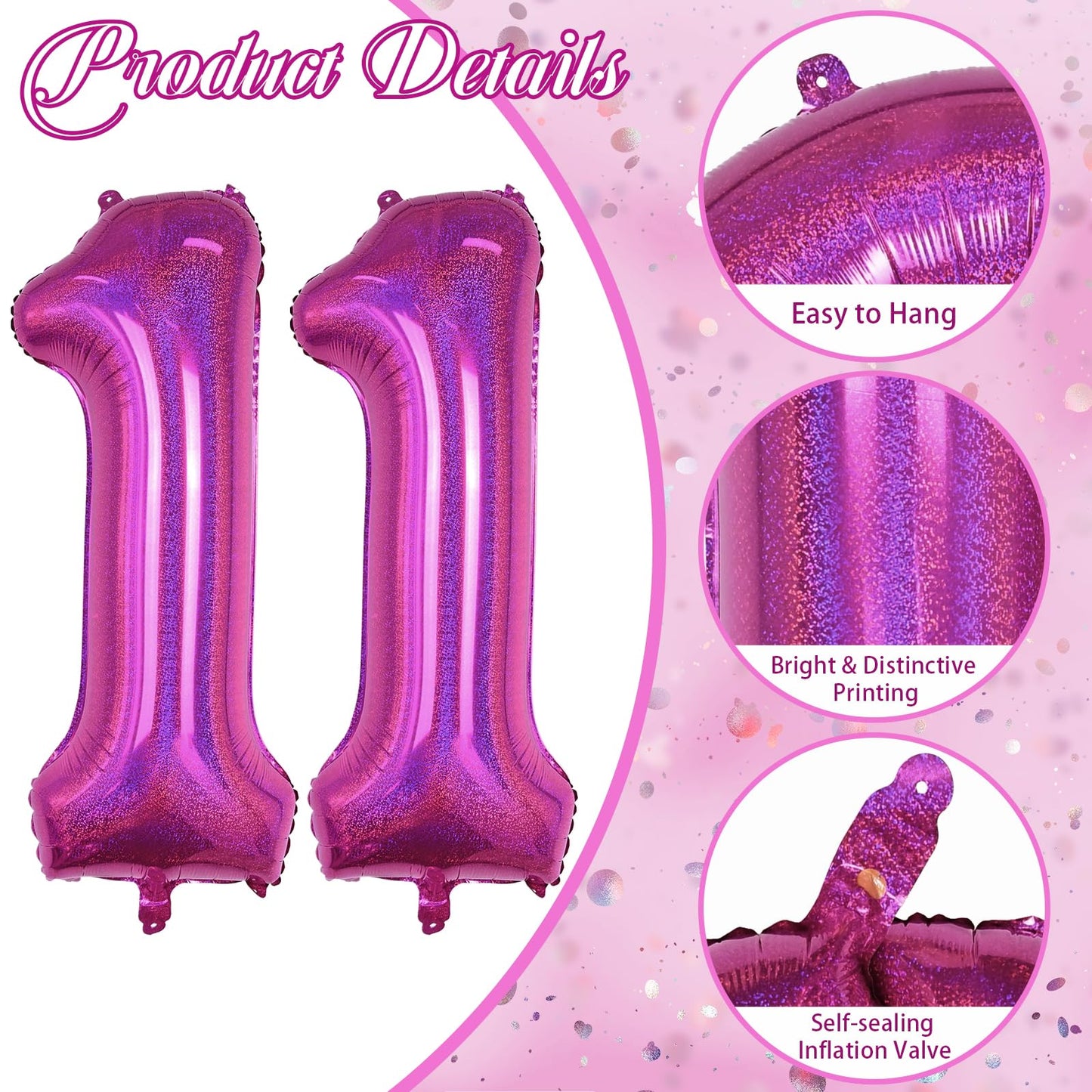 Giant Number 11 Balloon, 40'' Laser Hot Pink Foil Balloon For 11 Year Old Birthday Decor, Mylar Helium Self Inflating Bright Pin