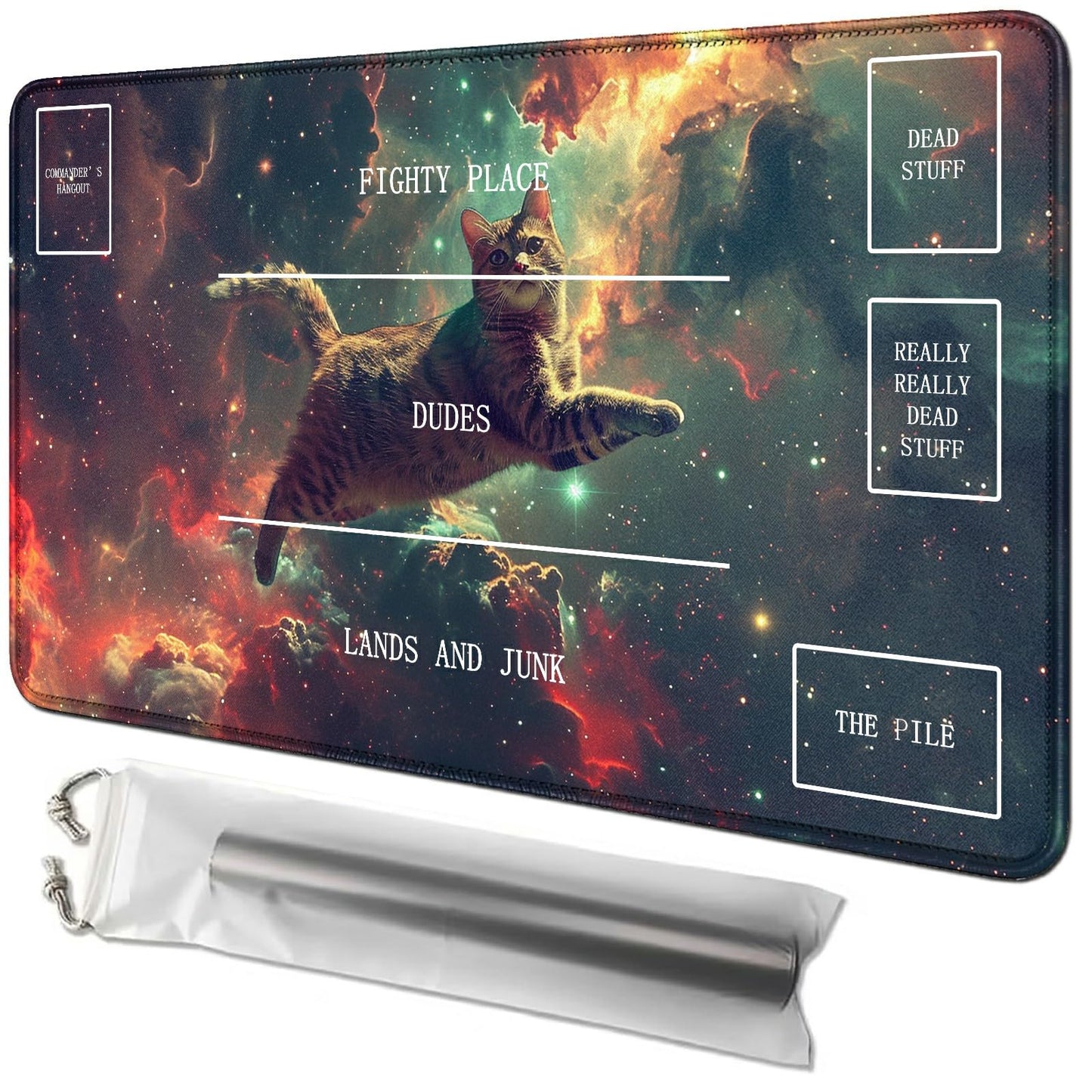 Rwutytiul Galaxy Cat Card Playmat 24 X 14 Inch With Tube Bag, Card Gameplay Board With Zones Commander Deck Mtg Rpg Ccg Tcg Card