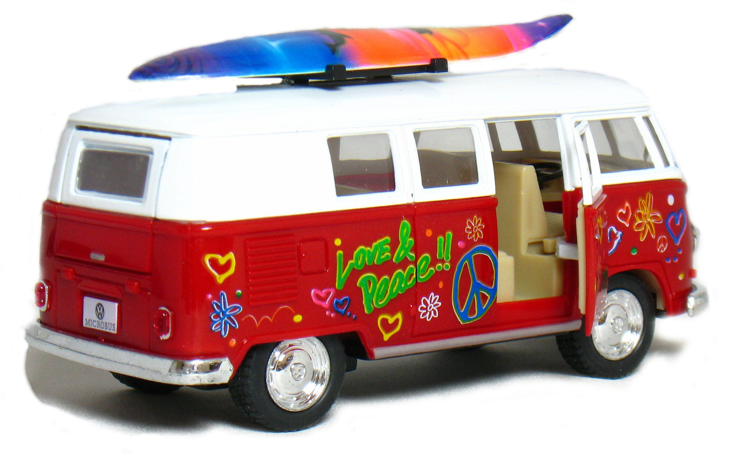 Set of 4 Vehicles: 5'' 1962 VW Classic Van Flowers with Surfboard (Red, Green, Maroon and Yellow)