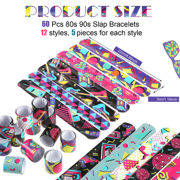 Sosation 60 Pcs 80s 90s Party Slap Bracelets Favors Decorations Slap Wristbands Retro Theme Bracelet Snap Bands Snap Bracelets f