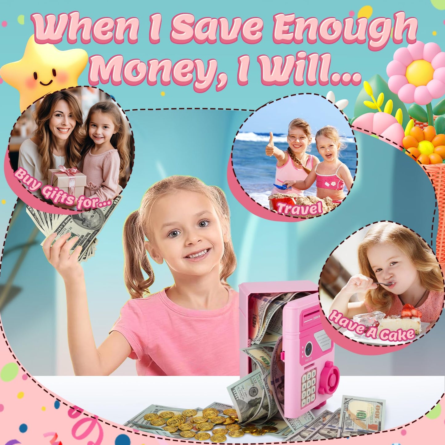 Electronic Piggy Bank For Kids Safe 2024, Pink Money Savings Bank With Password & Face Id Simulation, Mini Atm Safe Coin Bank Wi