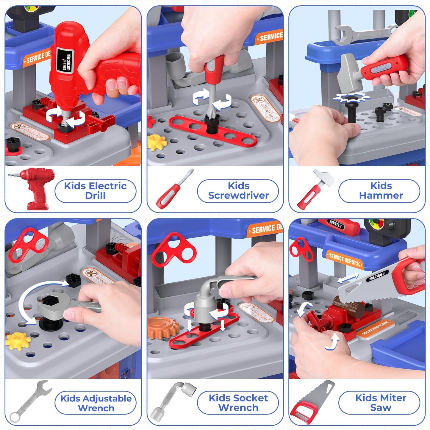 FunMission Kids Tool Bench Set 3 in 1, Toddler Tool Set, Kids Workbench with Realistic Toy Tool Box & Electronic Toy Drill, Tran