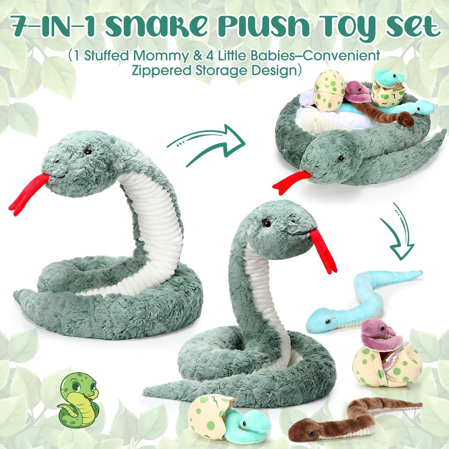 Leitee 7 Pcs Snake Plush Toy Set 63 Inch Large Mommy Snake Stuffed Animal With Cute Baby And Eggs In Zippered Belly For Kids Birthday Forest Party Favors Prank Props Bedroom Decors(Vivid Style)