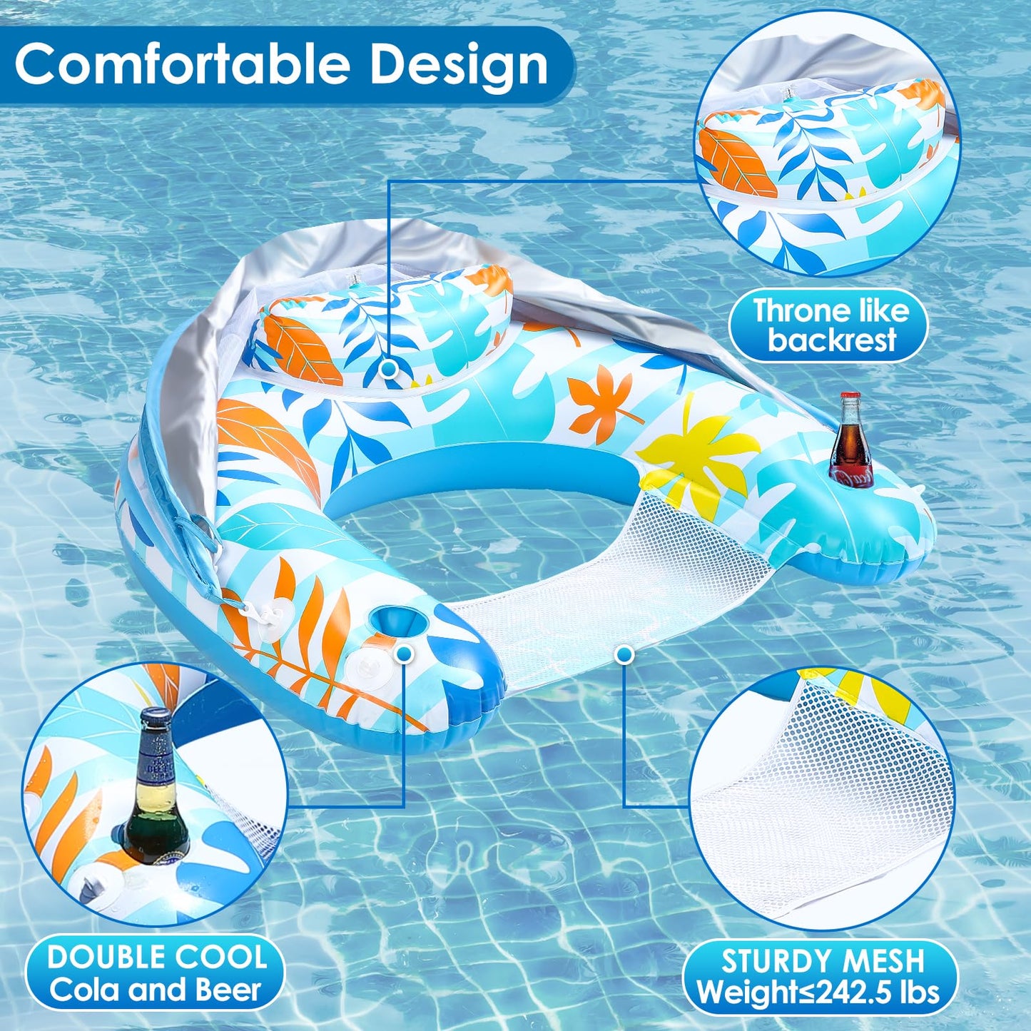 Laycol Adult Inflatable Pool Chair With Canopy, Ergonomic Headrest, Cup Holder, Blue, 47.5' X 37.5' X 27.5'