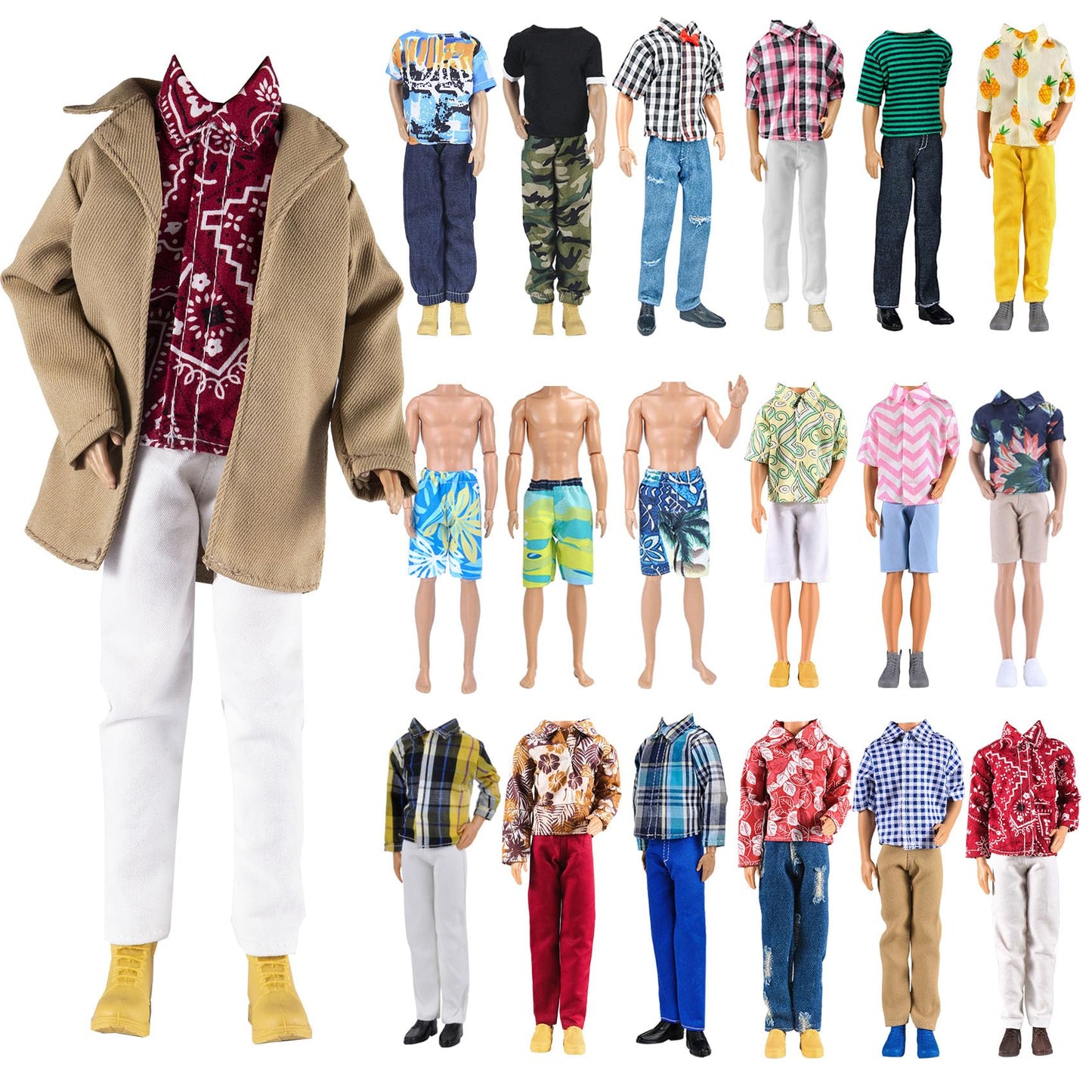 E-Ting 10-Item Trench Coat Pack = 5 Sets Fashion Casual Wear Clothes Outfit +5 Pairs Shoes For Boy Doll Random Style (Khaki Long Jacket Overcoat + Casual Wear Clothes +Swim Trunks)
