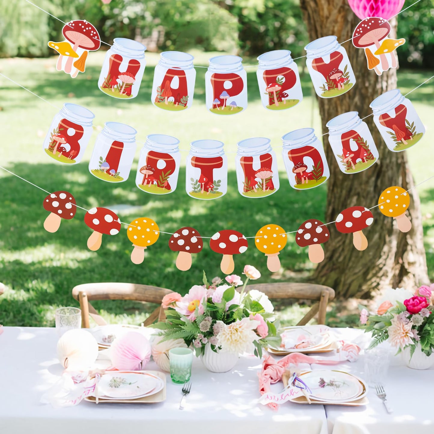 Sunbeauty Mushroom Happy Birthday Banner Mushroom Birthday Party Decorations Mushroom Party Decor Mushroom Garland Mushroom Deco