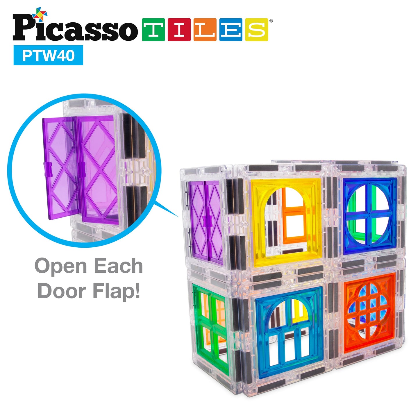PicassoTiles 40pcs Magnetic Tile Clip-in Window and Door Expansion Set, Magnetic Block Add-ons, Magnet Building Construction Toy