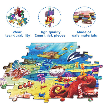 Puzzles For Kids Ages 4-6-8, 2 Packs 60 Pieces Floor Jigsaw Puzzle For Kids 6-8-10 Year Old, Wildlife & Ocean Animals Learning E