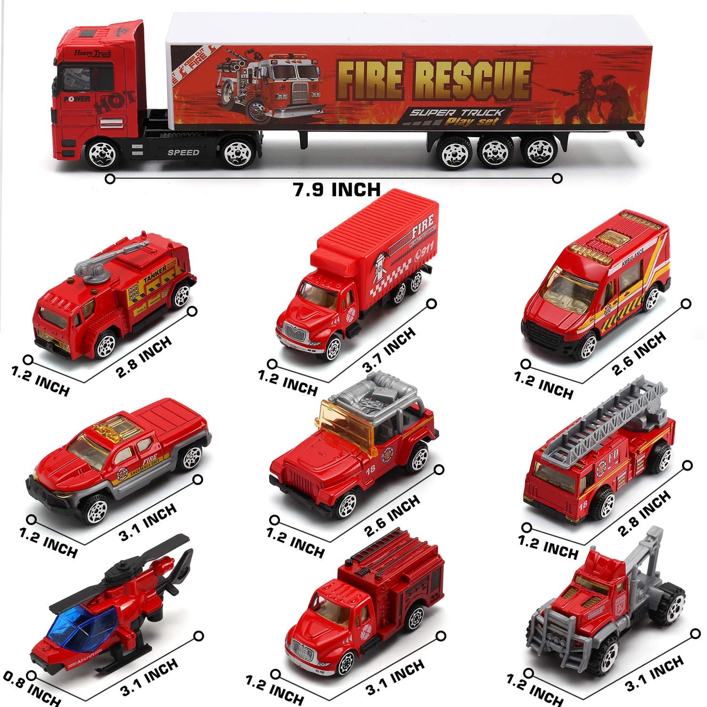 19 Pcs Fire Truck with Firefighter Toy Set, Mini Die-cast Fire Engine Car in Carrier Truck, Mini Rescue Emergency Double Side Tr