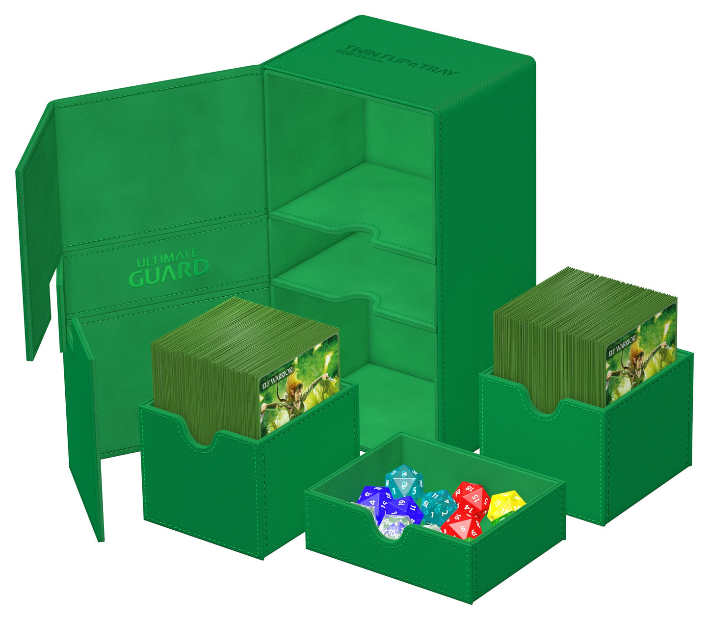 Ultimate Guard Twin Flip'N'Tray 200+, Deck Case For 200 Double-Sleeved Tcg Cards + Dice Tray, Green, Independent Magnetic Closure & Microfiber Inner Lining