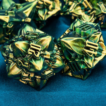 ARUOHHA 7PCS DND Metal Dice Set Yellow Green Dungeons and Dragons Leaf Design D&D Dice, 6 Sided Handmade Polyhedral Dice RPG Rol